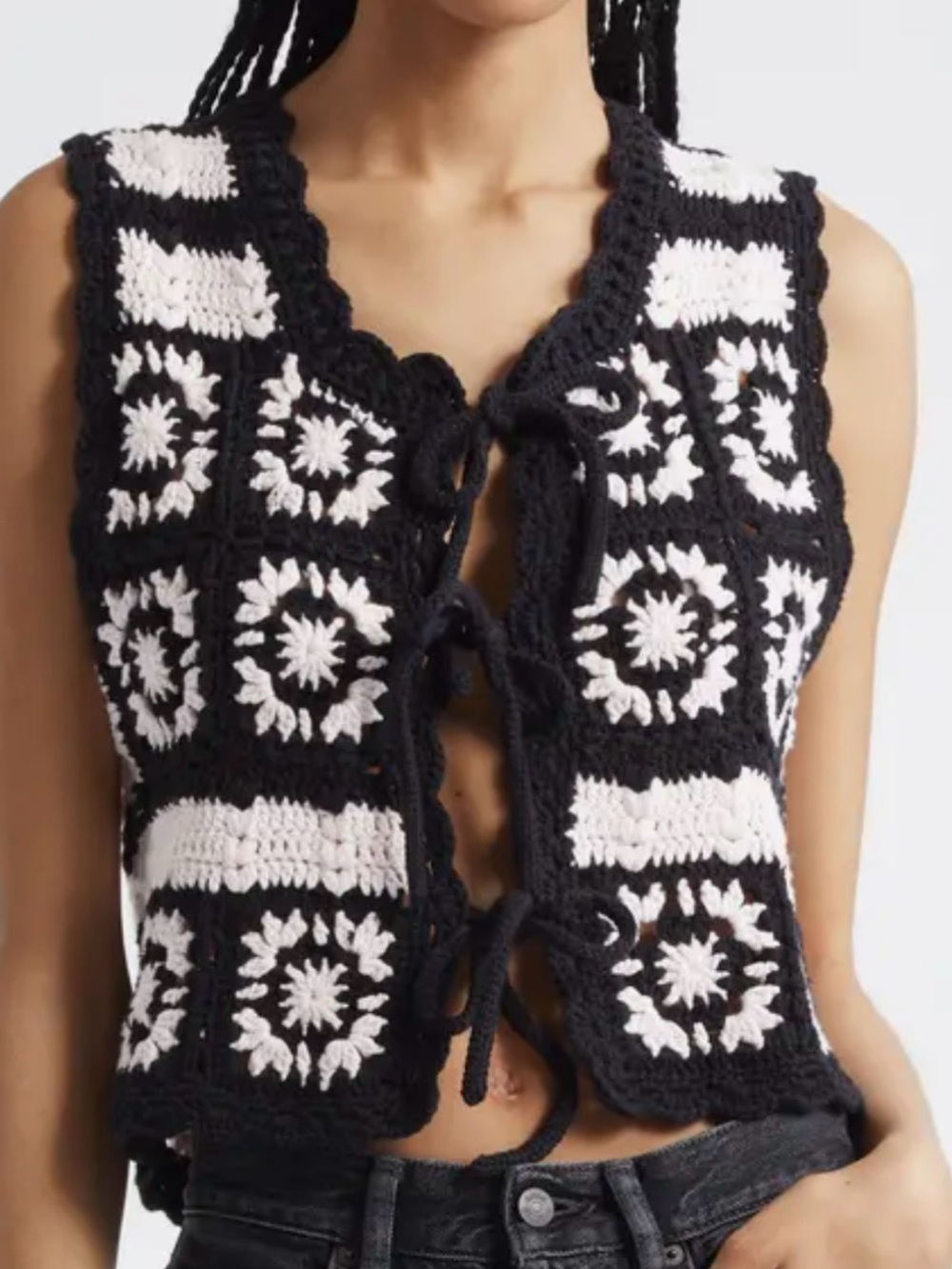 Ganni Black & Primrose Pink Crochet Tie-Front Vest, Size M, Organic cotton, NWT